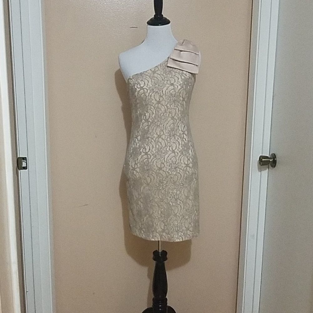AQUA Gold Lace One Shoulder Dress Size 2 Coquette Statement Bow Cocktail